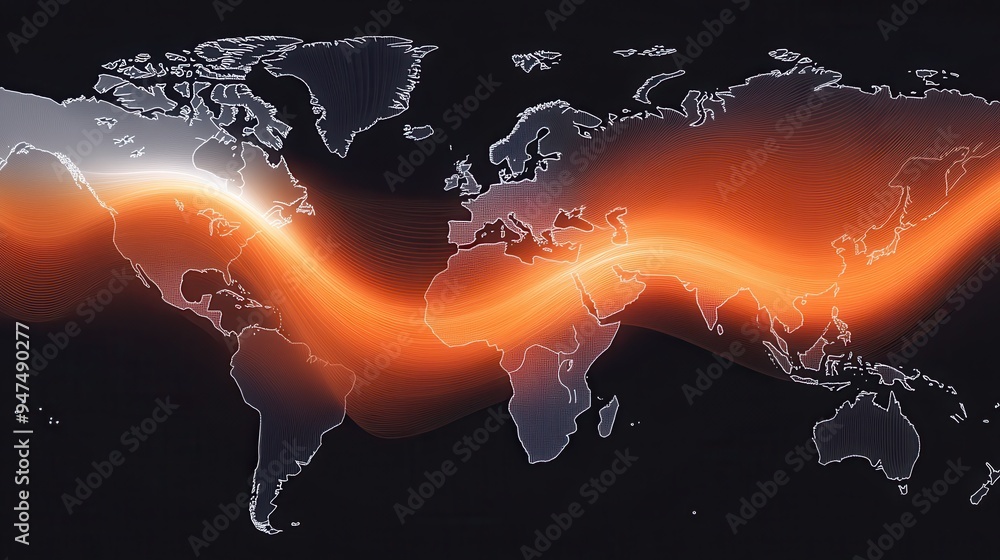 Wall mural A digital world map with a vibrant orange wave flowing across continents, set against a dark background.