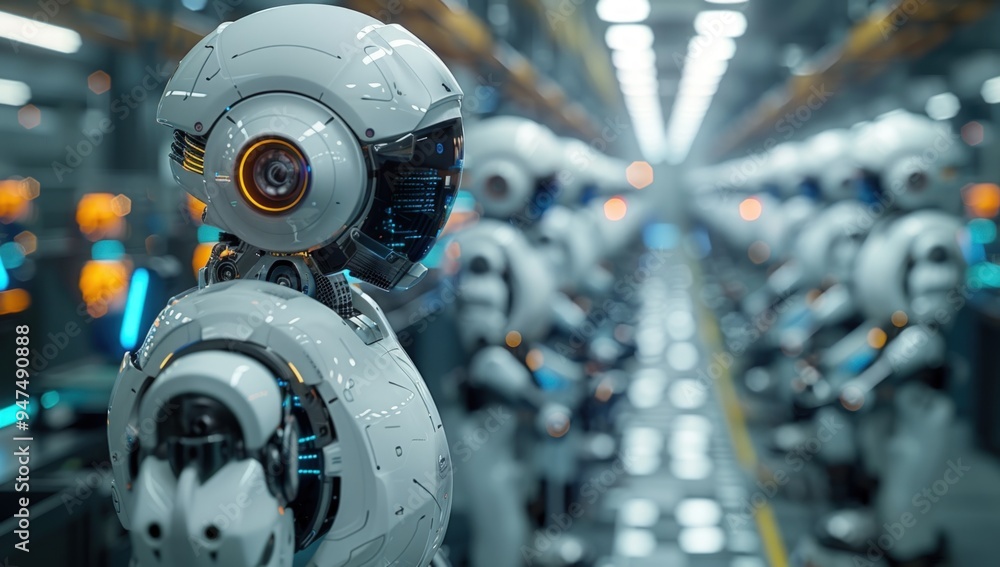 Poster a line of advanced robots in a futuristic factory setting.