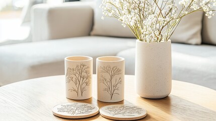 Beige Ceramic Vases with Floral Design on Wooden Table