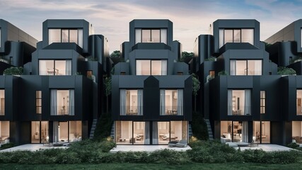 Obraz premium Modern modular private black townhouses. Residential architecture exterior., architecture, photo, 3d render