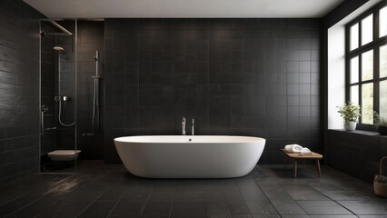 Modern Bathroom with White Tub and Black Tile Walls