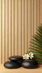 Obraz premium Woman in wooden spa, hot stones and flower arrangement, 3D illustration
