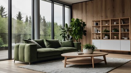 Scandinavian Minimalist Living Room Design with Green Plants and Natural Light