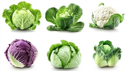 Fototapeta premium Cabbages and lettuce, leaf vegetables realistic food objects. Broccoli, romaine lettuce, green and purple cabbages, cauliflower, brussels sprout. 3d vector icon set