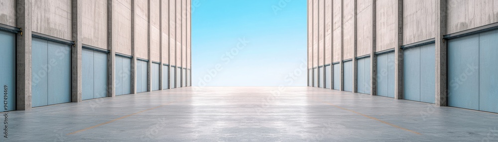 Poster an empty, modern corridor with a smooth floor and large windows, leading towards a bright blue sky, 