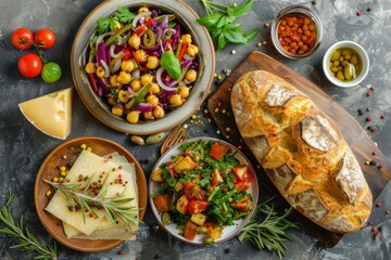 Fried Vegetable Salad, Green Mix Meat and Chickpeas, Cheese Plate and Freshly Baked Bread