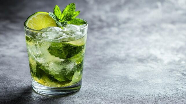 Caipirinha alcoholic cocktail drink with brazilian cachaca vodka, sugar syrup, lime, mint and crushed ice in highball glass on gray background
