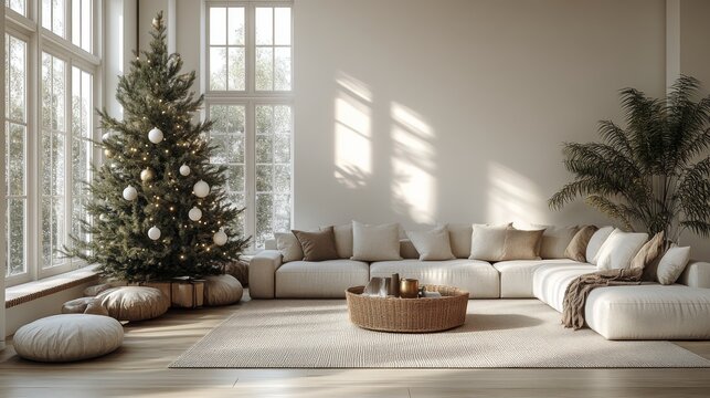 A modern Scandinavian Christmas living room features white walls and light wooden floors. A minimalist Christmas tree decorated in white and gold is the focal point, which is enhanced by soft natural 