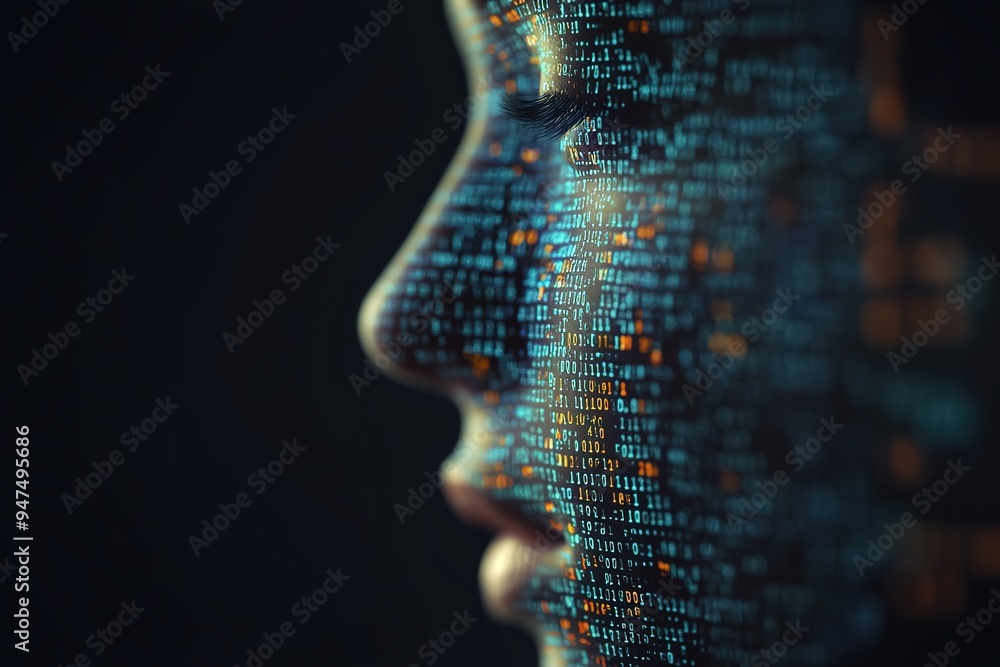 Wall mural digital human face concept with binary code skin.