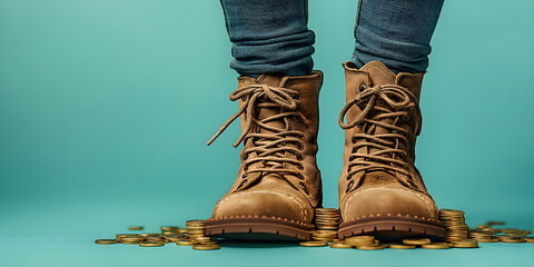 Rugged brown leather boots standing on golden coins against teal background. Financial success concept for investment advertising or St. Patrick's Day themed promotions. Place for text