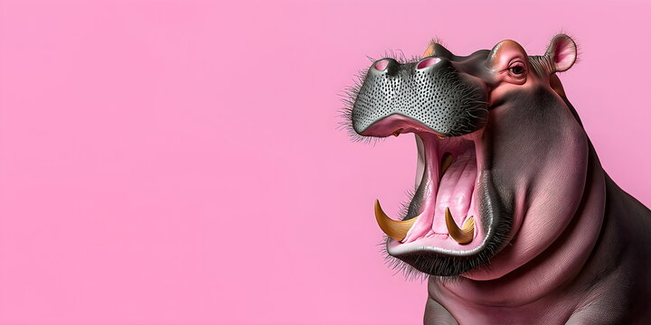Comical hippopotamus with wide-open mouth on bright pink background. Whimsical wildlife for children's book or quirky advertising campaign. Banner with copy space