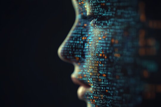 Digital human face concept with binary code skin.