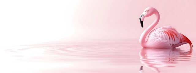 Pink flamingo standing in calm water reflection against soft pastel background. Tropical bird for luxury resort promotion or elegant stationery design with copy space