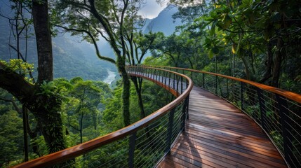Obraz premium Wooden walkway through lush greenery