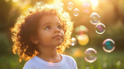 Joyful Child Playing with Bubbles in Sunlit Park