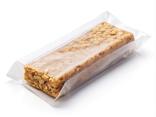 a photo image of a rectangular protein bar packaging with a minimalist design, transparent plastic wrap wrapping the bar, and a plain white background
