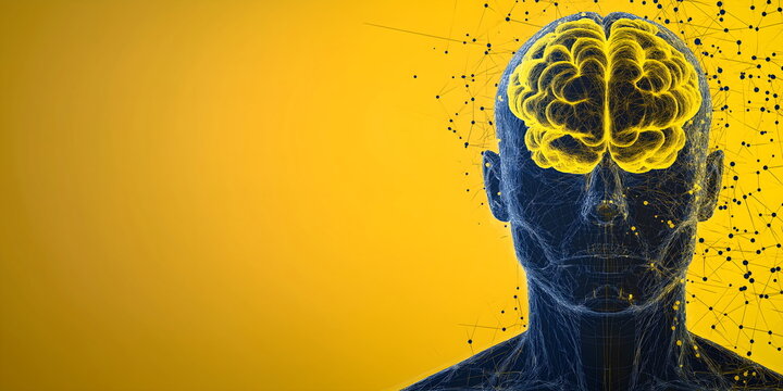 Illuminated yellow brain inside wireframe human head on vibrant gradient background for mind power and cognitive science concepts