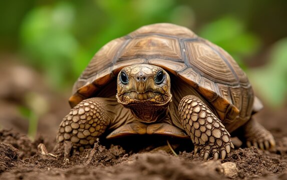 A close-up of a turtle on earthy ground, showcasing intricate shell patterns and a curious expression in a natural environment.