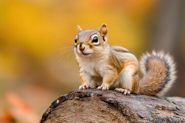 A cute squirrel perched on a log, showcasing its fluffy tail against a blurred autumn background filled with warm colors.