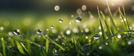 Fototapeta premium Dewdrops Reflecting Sunlight on Lush Green Grass Blades