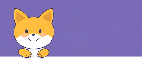 Charming fox character peeking from bottom edge on purple background for children's content and playful designs with copy space