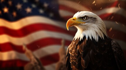 Naklejka premium Majestic eagle soaring gracefully in front of the american flag, a powerful symbol of freedom.