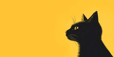 Stylized black cat silhouette with yellow eye on bright orange background for Halloween designs and feline-themed art projects with copy space