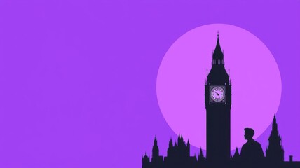 Fototapeta premium Abstract depiction of Big Ben with a purple sun, London in minimalist black and white, bold purple