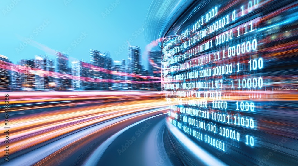 Poster binary code on cityscape with blurred lights