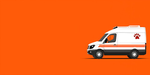 White pet ambulance van with paw print logo on orange background for veterinary emergency services and animal care concepts. Place for text