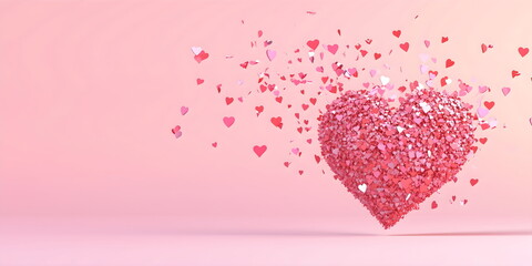 Exploding heart made of tiny pink and red hearts on pastel background with copy space. Valentine's Day cards and romantic social media content