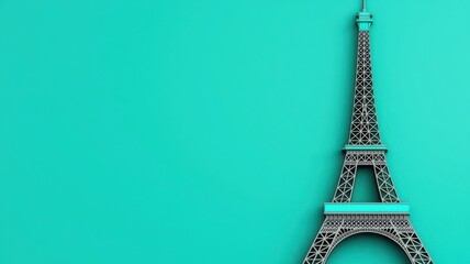 Abstract depiction of the Eiffel Tower with a turquoise sun, Paris in minimalist black and white, bold turquoise