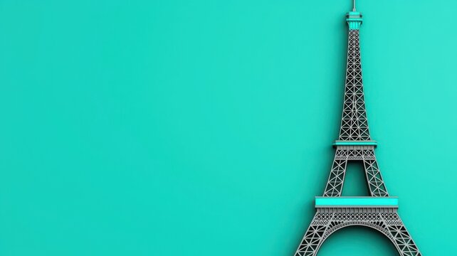 Abstract depiction of the Eiffel Tower with a turquoise sun, Paris in minimalist black and white, bold turquoise