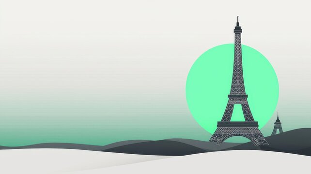 Abstract depiction of the Eiffel Tower with a turquoise sun, Paris in minimalist black and white, bold turquoise