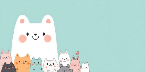 Adorable group of cats with big white cat in center on mint green background. Children's designs and pet-themed projects