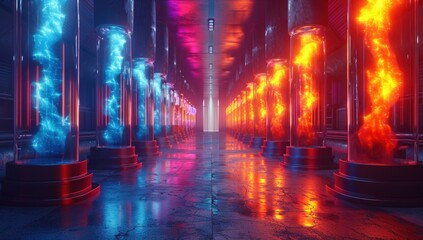 A futuristic corridor with rows of glowing tubes, emitting red, blue, and orange light.