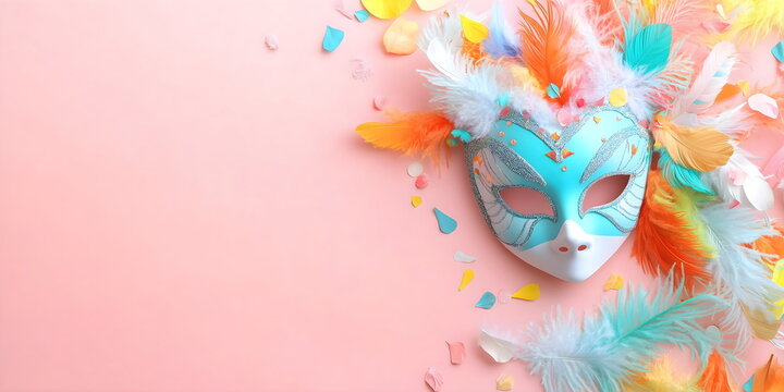 Colorful carnival mask with feathers on pink background for festive party invitations, masquerade ball promotions and joyful celebration design concepts. Banner with copy space