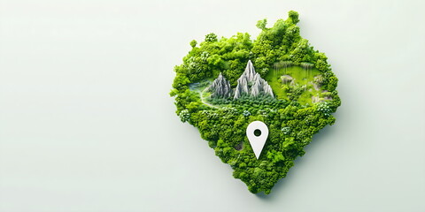 Miniature green forest landscape with location pin for eco-tourism concepts, environmental conservation campaigns and sustainable travel marketing materials with copy space
