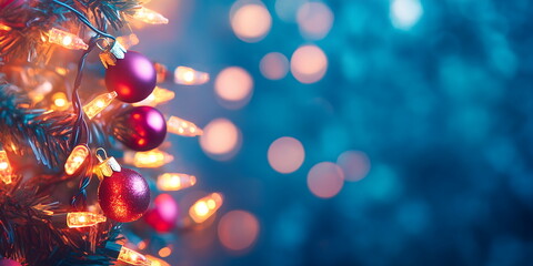 Festive Christmas tree decorations with glowing lights on blue bokeh background for holiday season greetings, winter celebration designs and cozy home decor concepts with copy space