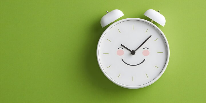 Cheerful smiling alarm clock on vibrant green background for positive time management concepts and playful productivity tool marketing with copy space