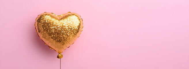 Shimmering golden heart balloon on pastel pink background for Valentine's Day promotions, romantic event invitations and love-themed product marketing concepts. Place for text