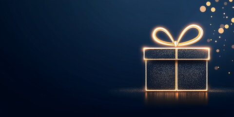 Glowing neon gift box outline on dark blue background. Luxury holiday promotions, special occasion marketing and elegant gift-giving concepts. Banner with copy space