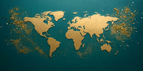 Luxurious golden world map on deep teal background with glitter. Global business concepts, international travel promotions and high-end worldwide event designs