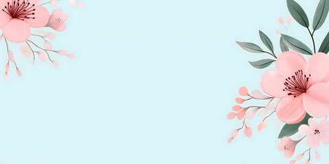 Delicate pink cherry blossom on soft blue background with copy space. Spring-themed designs, romantic wedding invitations and feminine beauty product packaging