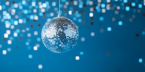 Reflective disco ball hanging against blue bokeh background. Dance party invitations, nightclub event promotions and retro-themed celebration designs. Place for text