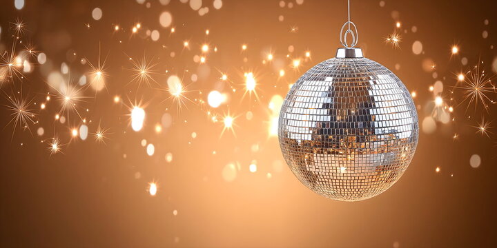 Shimmering disco ball with sparkling lights on warm golden background. Retro party themes, New Year's Eve celebrations and nostalgic dance event promotions. Banner with copy space - Powered by Adobe