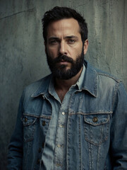 Obraz premium Bearded man in denim jacket with serious expression