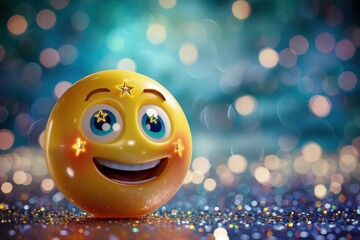 3D yellow emoji with an excited expression, starry eyes and a big smile, set against a glittery, starry night background.
