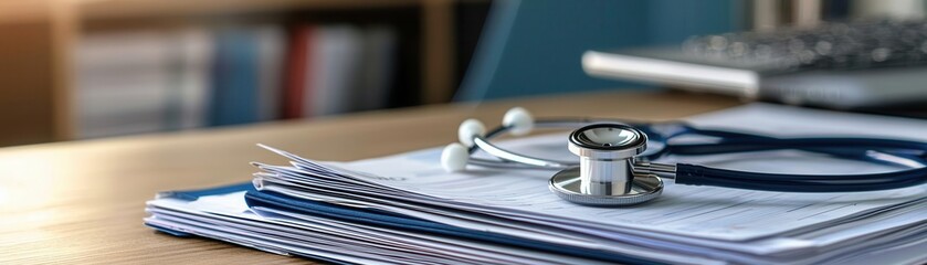 Healthcare admin's desk with stethoscope and patient files, close-up view, photo realistic setting