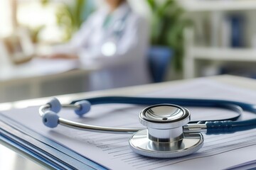 Stethoscope placed on medical records, close-up view, healthcare admin in background, detailed setting